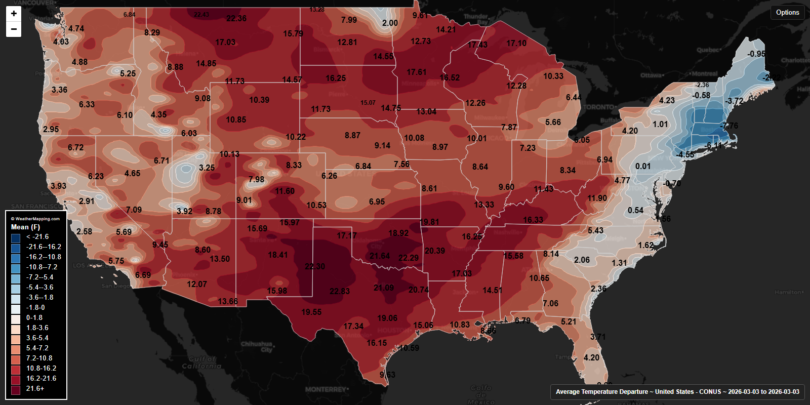 Average temperature departure map for the continental United States