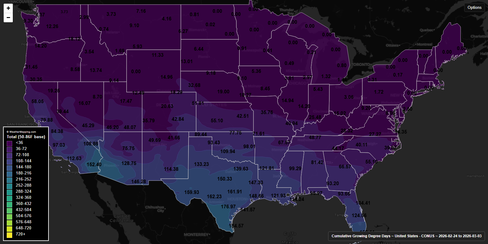 Cumulative growing degree days over the last seven days in the United States