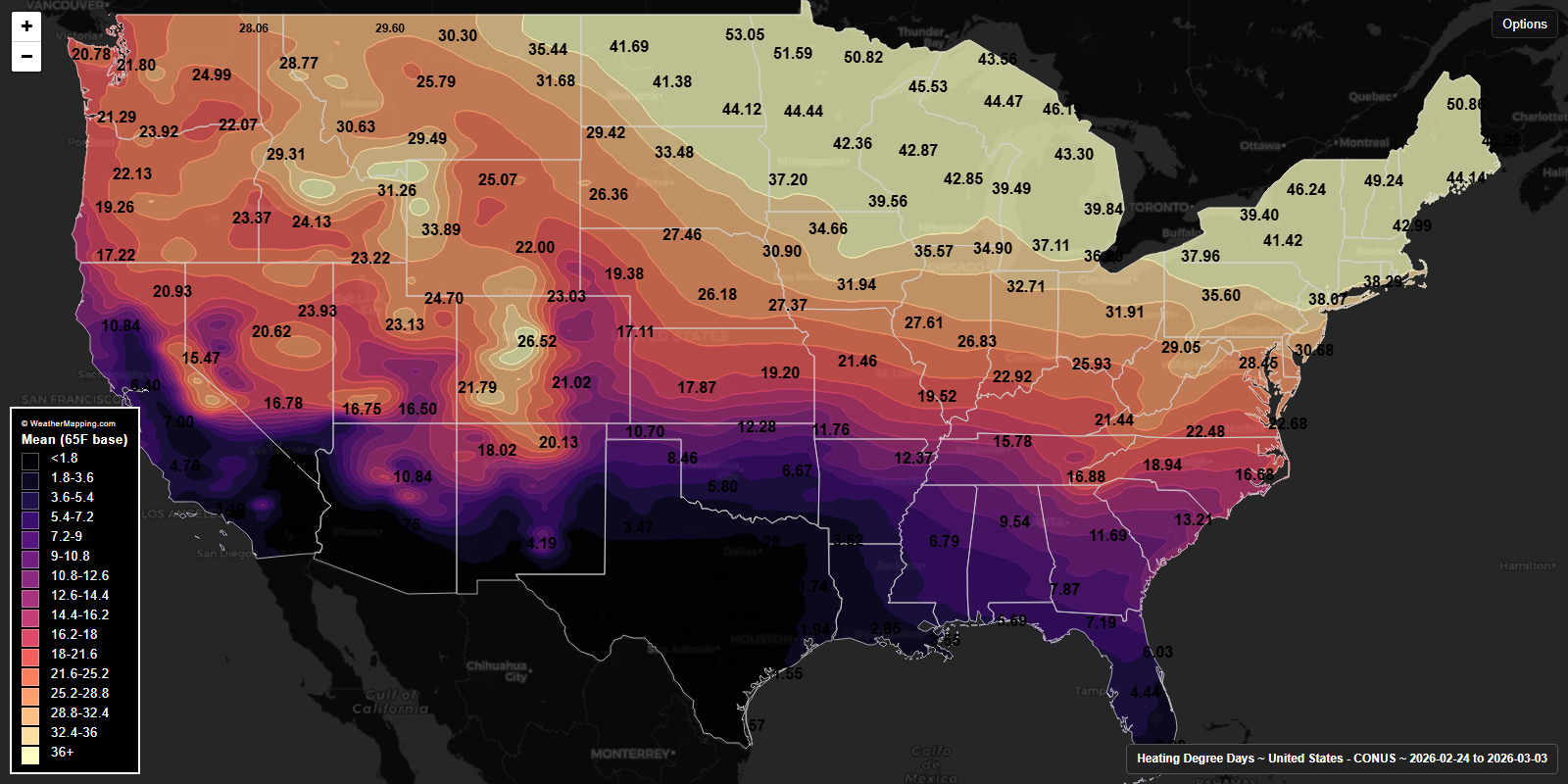 Heating degree days over the last seven days in the United States