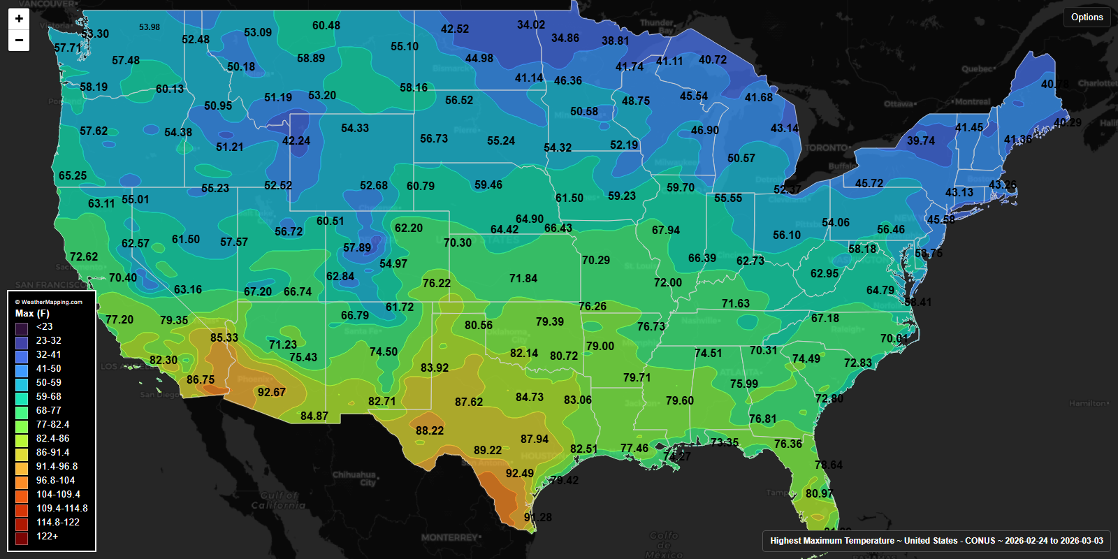 Highest maximum temperature over the last seven days in the United States