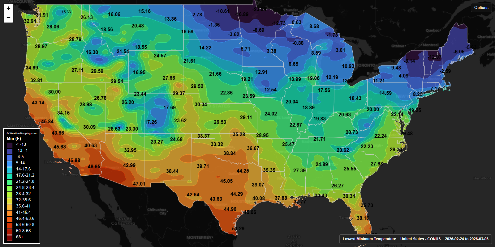 Lowest minimum temperature over the last seven days in the United States