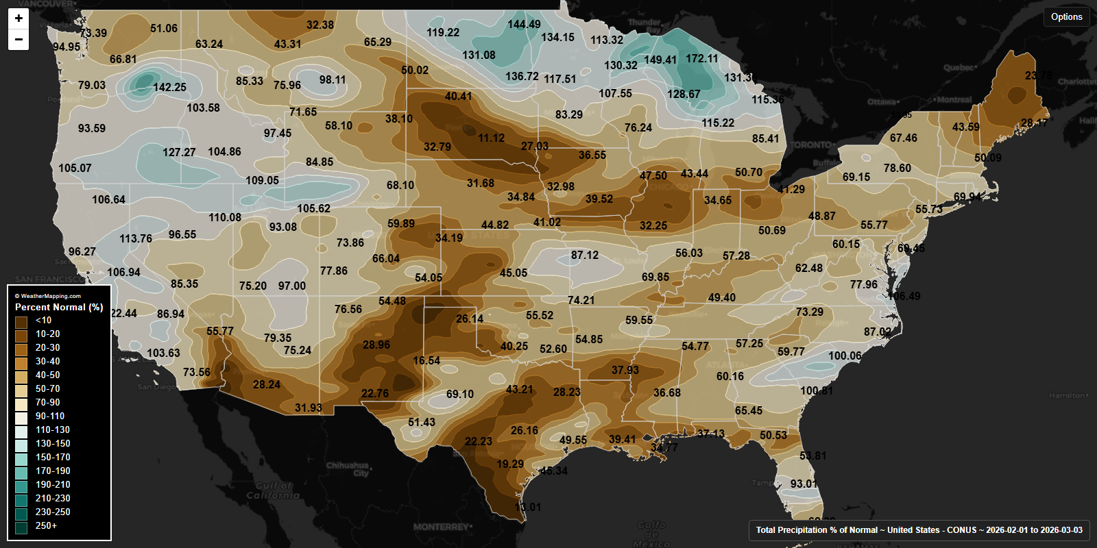 Percent of normal precipitation over the last thirty days in the United States