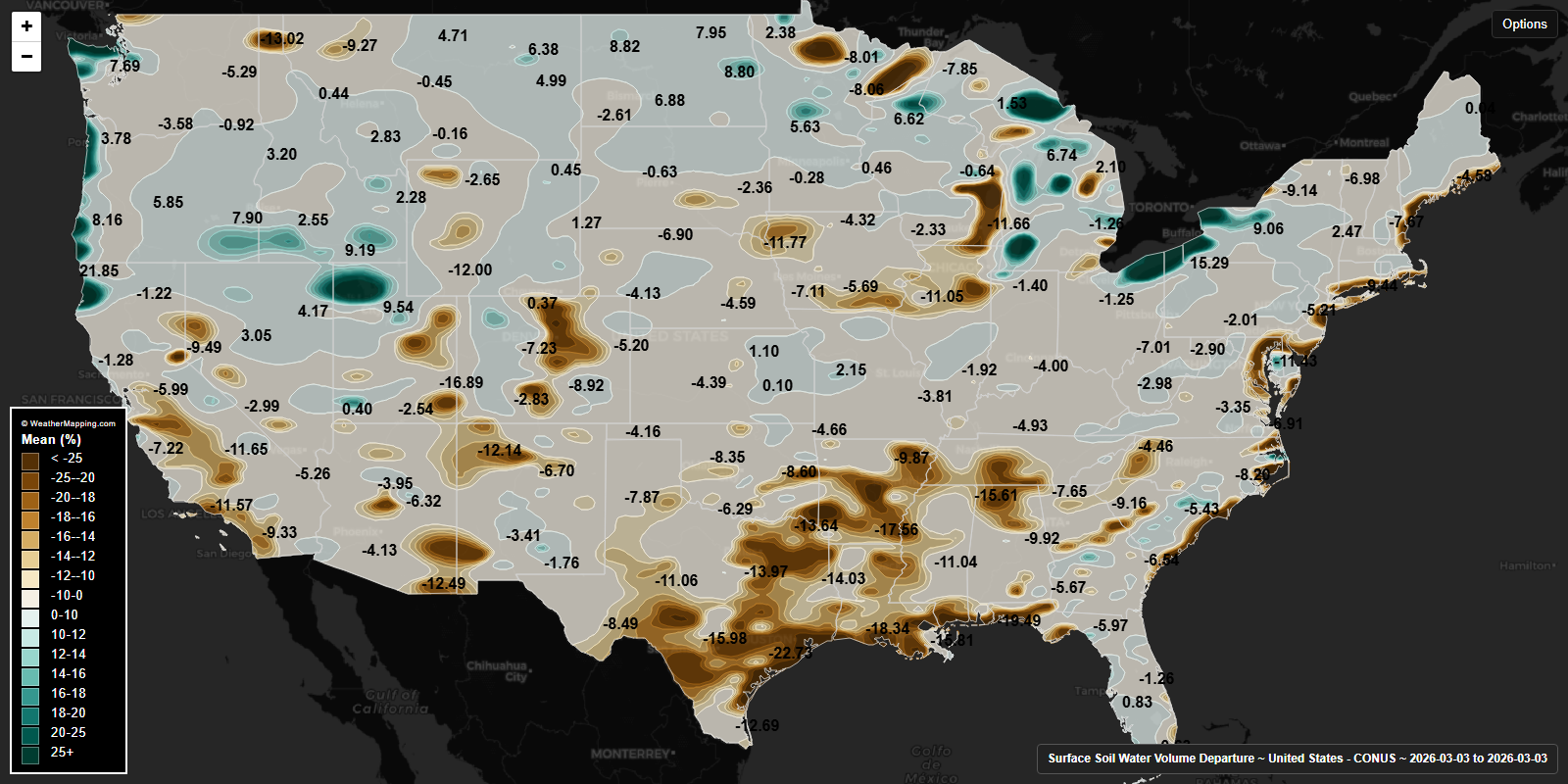 Surface soil moisture departure across the United States