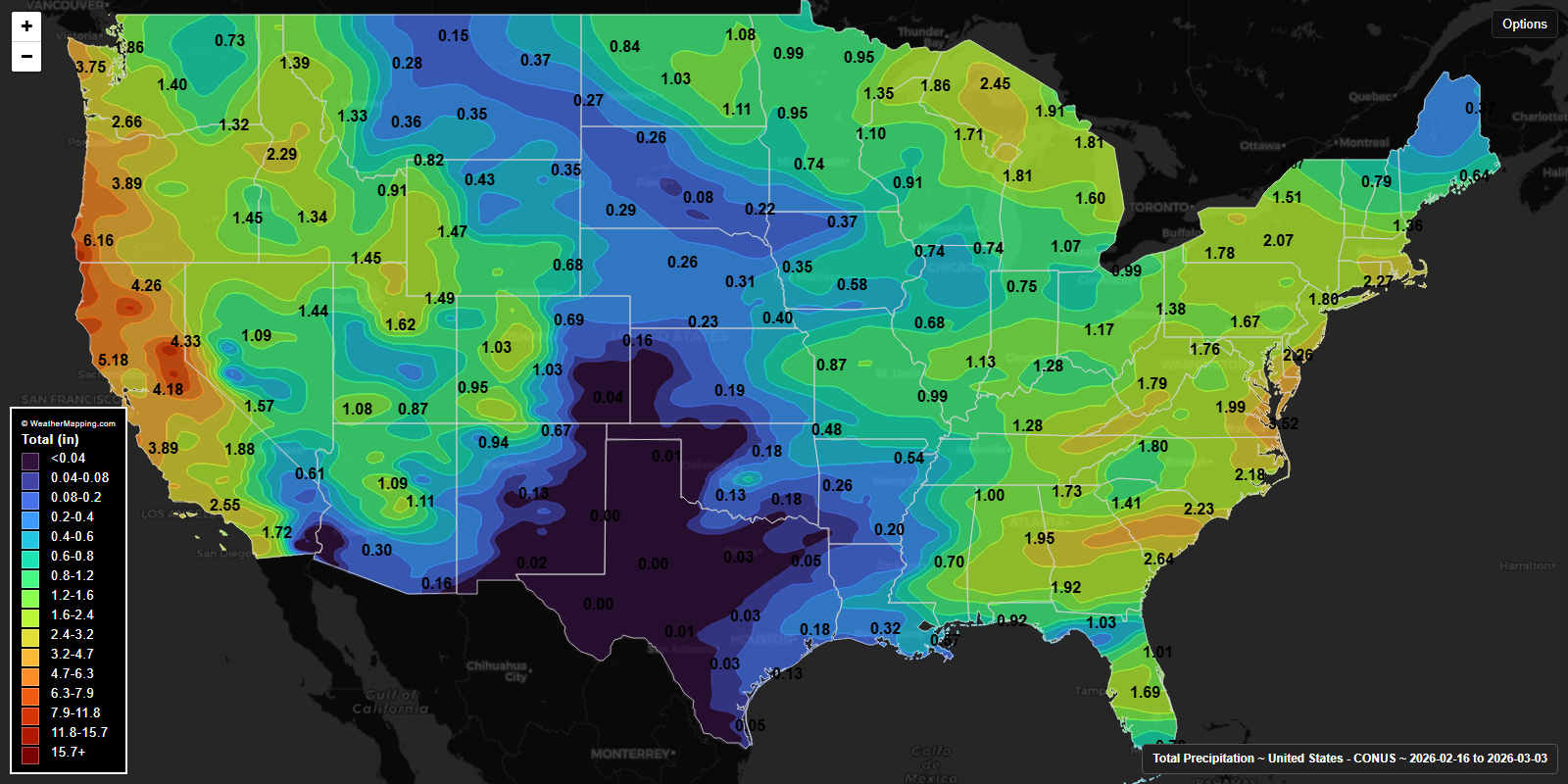 Total precipitation accumulation over the last fifteen days in the United States